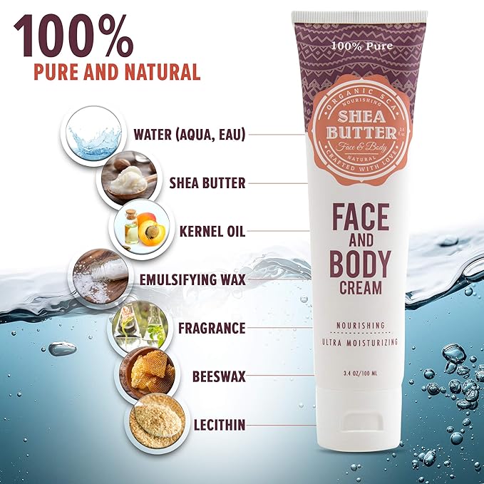 Shea Butter Moisturizing Face and Body Cream – Anti Aging, Non-Greasy Rejuvenating Lotion for Nourishing, Hydrating Dry Skin- (3.4 oz/100 ml)