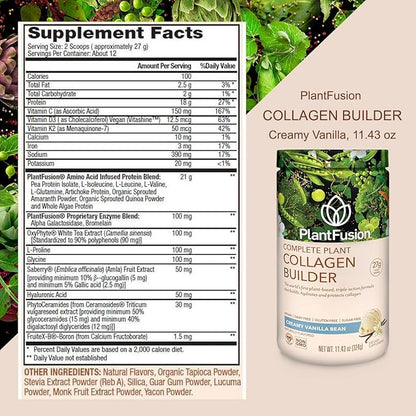 PlantFusion Vegan Collagen Powder - Plant Based Collagen Protein Powder for Muscle & Joints, Hair, Skin & Nails - Keto, Gluten Free, Soy Free, Non-Dairy, No Sugar, Non-GMO - Vanilla 11.43 oz