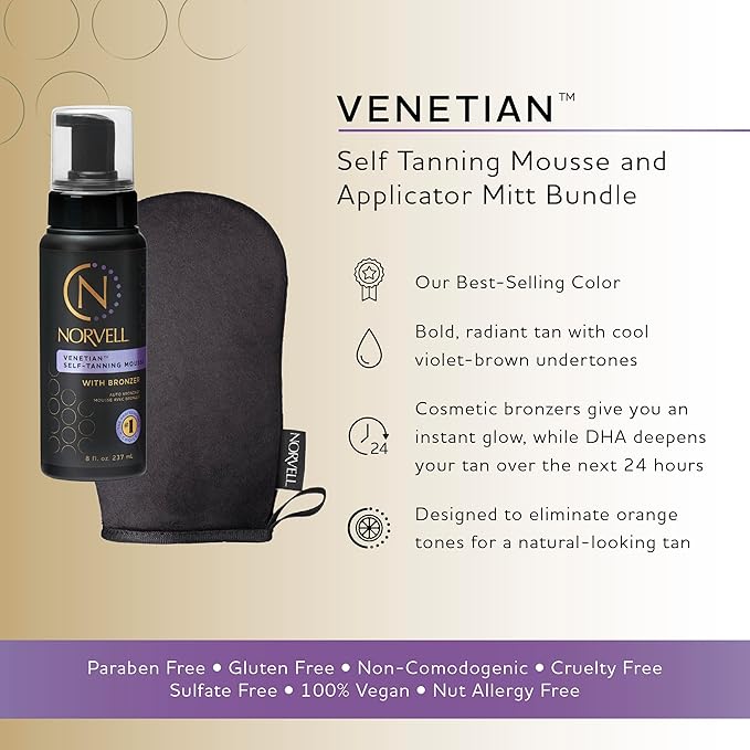 Norvell Sunless Self Tanning Bundle - Venetian Self Tanner Mousse with Bronzer, 8 Fl Oz + Streak-Free Tan Applicator Mitt - Premium Natural Looking Self Tanning Foam and Washable Self Tan Mitt