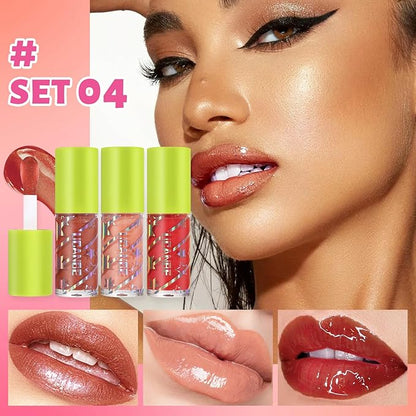 UCANBE 3 Color Hydrating Lip Glow Oil - Shimmering Warm Nude Tinted Lip Gloss (Rosewood/Nude/Strawberry),Non-Sticky Mositurizing Lip Top Gloss for All-Day Wear and Comfort