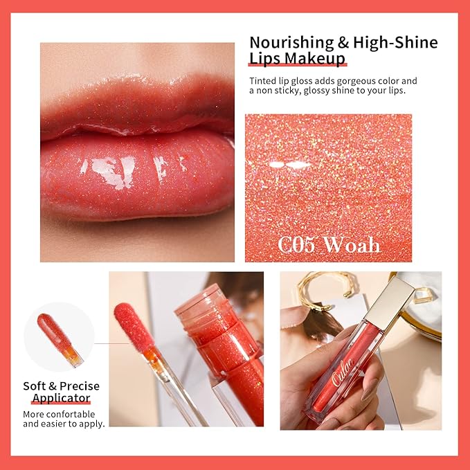 Oulac Glitter Hydrating Lipgloss Set with Mirror Finish Moisturizing & Reduce Fine Lines Lip Oil Refuse Chapped Lips Non Sticky Lip Gloss for Girls Women, 4.5ml/0.15fl.oz,Pink Glam(C06)