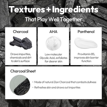 LAPCOS Charcoal Sheet Mask, Daily Face Mask with Salicylic Acid and Tea Tree Oil to Detoxify and Tighten Skin, Korean Beauty Favorite, 5-Pack