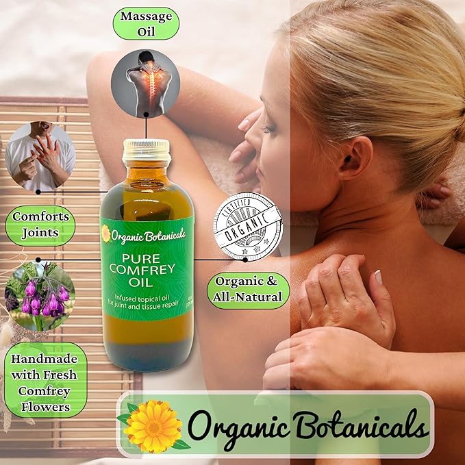 Pure Comfrey Leaf Infused Oil - Skin Care for Joints, Back, Muscles, Fractures, Bruises, and Minor Wounds, Natural Herbal Body Massage Oil, Certified Organic (16 oz)