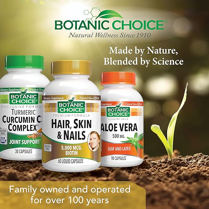 Botanic Choice Hair Skin and Nails Vitamins - Biotin Supplement with Collagen, Vitamin C, & Iron - Super Antioxidant Blend with Argan Oil & Hyaluronic Acid - 60 Liquid Capsules