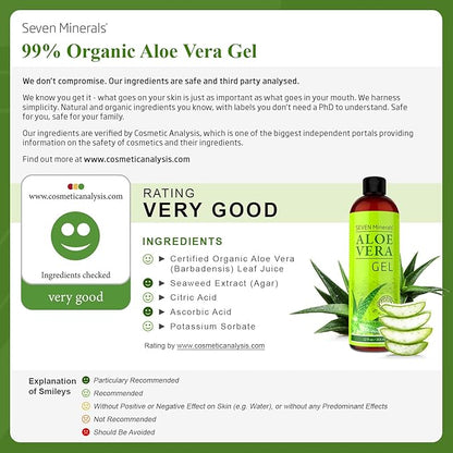 Seven Minerals, Travel Size Organic Aloe Vera Gel from freshly cut 100% Pure Aloe - 2 Fl Oz - HighestQuality, Texas grown, Vegan, Unscented - For Face, Skin, Hair, Sunburn relief (2 Fl Oz)
