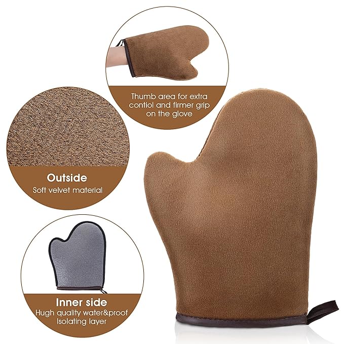 Self Tanning Mitt Applicator Kit, Bronze Tan Self Tanning Mitt Self Tanner Mitt With Thumb Machine Washable and Reusable Back Applicator Mitt, Ultra Soft and Streak Free(Brown)