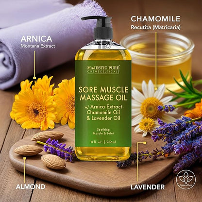 Majestic Pure Arnica Sore Muscle Massage for Massage Therapy - Natural Oil with Lavender and Chamomile Essential Oils - Multipurpose Instant Absorption Full Body Massage Oil - 8 Fl Oz (Pack of 2)