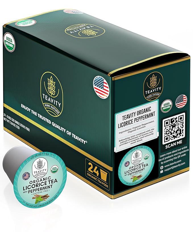 Organic Licorice Mint Tea Pods for Keurig - Natural Decaf Peppermint Tea by Teavity (24 Tea Pods)