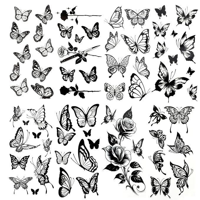 8 Sheets Large Black Butterfly Temporary Tattoos Stickers Arm Hand