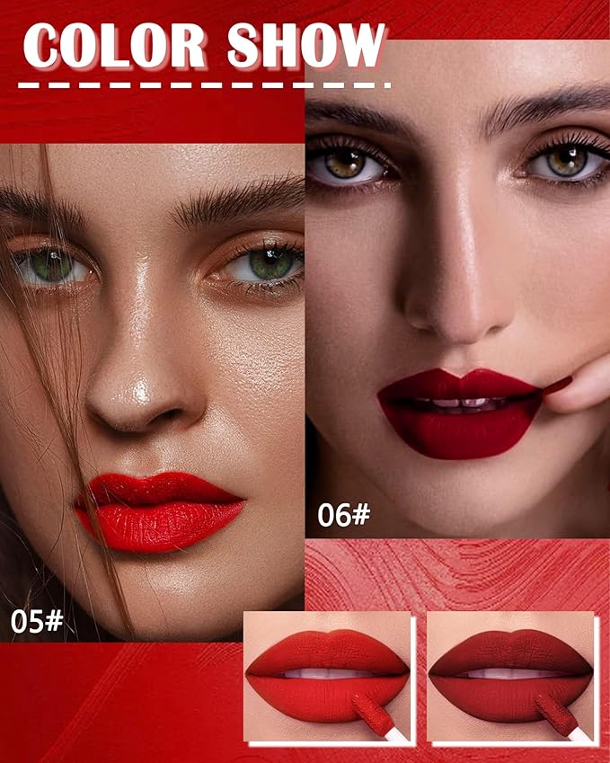 Matte Liquid Lipstick Lipgloss Set for Women-2Pcs Long Lasting Lip Gloss Waterproof Lip Stain Tint, Highly Pigmented Red Velvet Lipstick, Up to 16H Wear Non-Stick Cup,Christmas Lip Makeup Gift-05+06