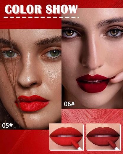 Matte Liquid Lipstick Lipgloss Set for Women-2Pcs Long Lasting Lip Gloss Waterproof Lip Stain Tint, Highly Pigmented Red Velvet Lipstick, Up to 16H Wear Non-Stick Cup,Christmas Lip Makeup Gift-05+06