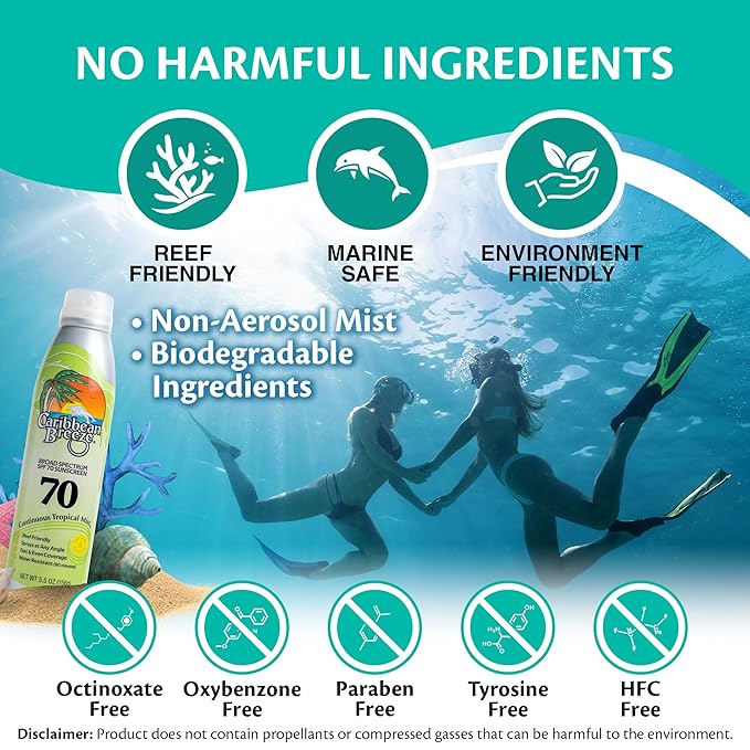 Continuous Tropical Mist Spray Sunscreen SPF 70, Reef Safe Sunscreen Spray, Up to 80 Minutes Water Resistant Sunscreen Face Spray, 5.5 Ounces, 2 Pack