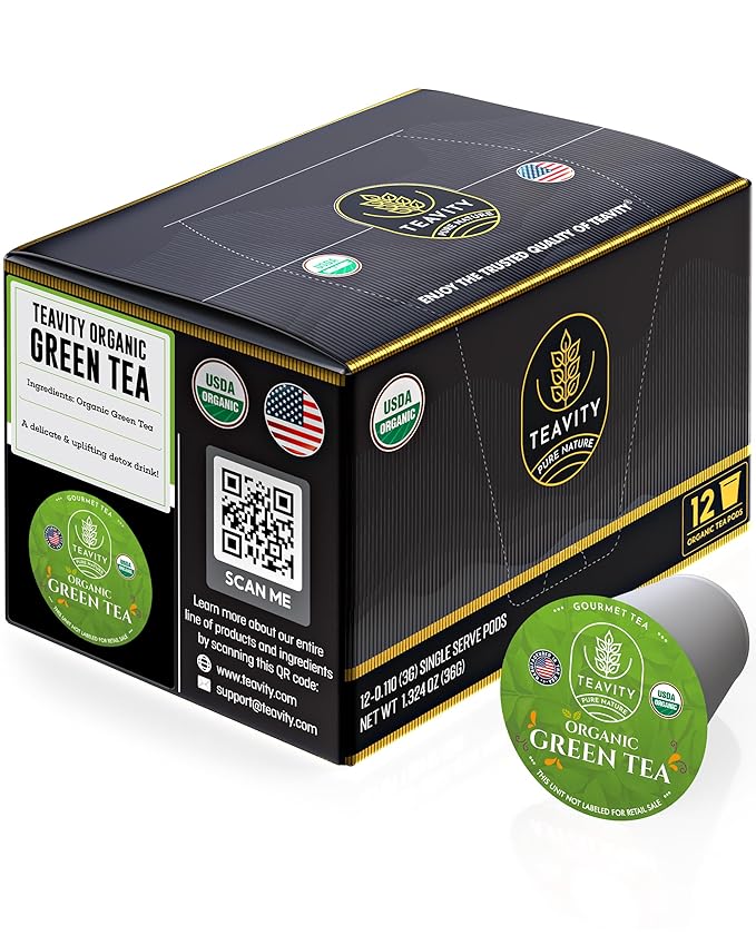 Organic Green Tea Pods for Keurig - Unsweetened Green Tea for K Cup Machines by Teavity (12 Tea Pods)