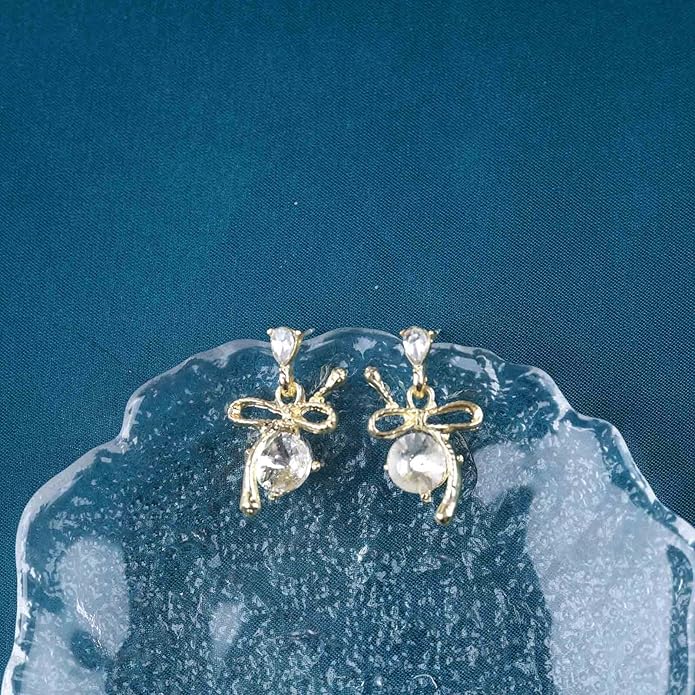 Vintage Rhinestone Bow Drop Earrings Gold Teardrop Crystal