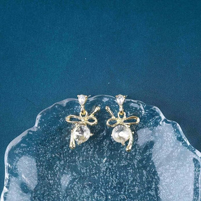 Vintage Rhinestone Bow Drop Earrings Gold Teardrop Crystal