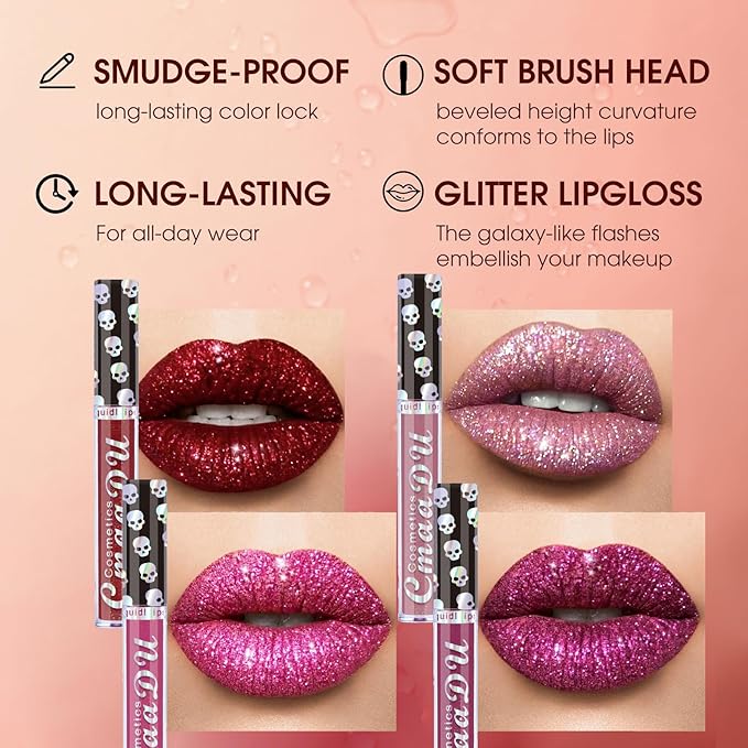 AKARY Shimmer Liquid Lipstick Long Lasting, Skull Diamond Metallic Shiny Glitter Glossy Shimmery Finish Waterproof Lip Gloss for Women, High Pigmented Nonstick Cup Lipstick Makeup for Lips, 08