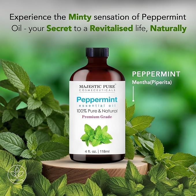 MAJESTIC PURE Peppermint Essential Oil with Glass Dropper | 100% Pure and Natural Peppermint Oil | Premium Grade Essential Oils for Diffusers, Skin, Aromatherapy, Massage | 4 Fl Oz