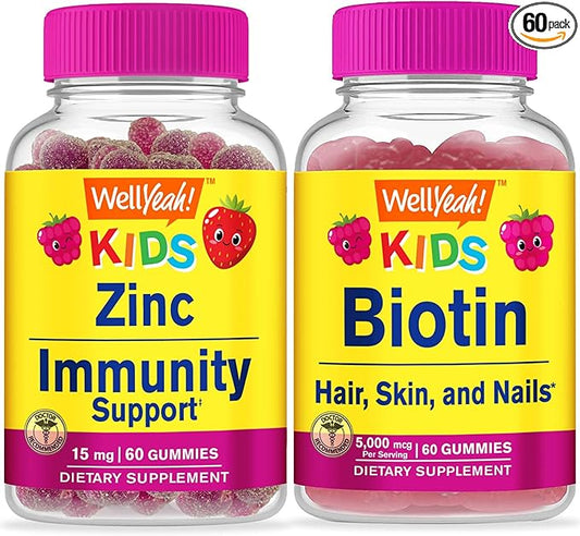 Zinc Kids 15mg + Biotin Kids, Gummies Bundle - Great Tasting, Vitamin Supplement, Gluten Free, GMO Free, Chewable Gummy