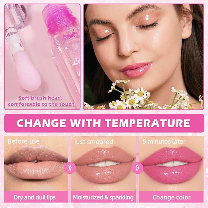 CAHIUYOA Magic Color Changing Lip Oil Tinted Lip Glow Oil Color Changing Lip Gloss Long Lasting Nourishing Lip Balm Care Shimmer Glossy Non-sticky Lip Tint Oil