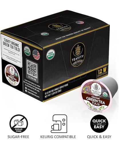 Organic Tulsi Tea Pods with Unsweetened Caffeinated Green Tea Pods for Keurig - Tulsi Green Tea by Teavity (36 Tea Pods)