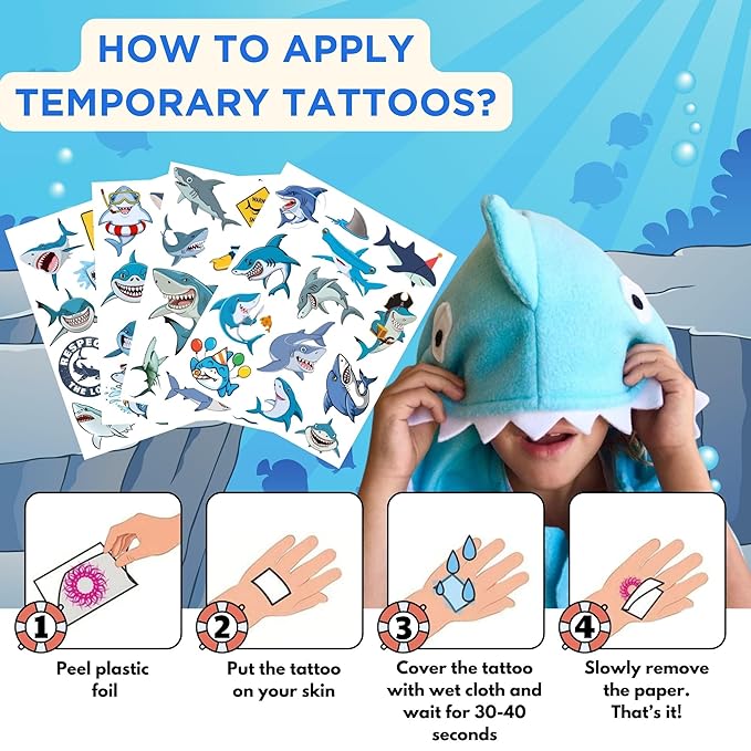 Shark Temporary Tattoos - Shark Birthday Decorations Supplies Outdoor Activity