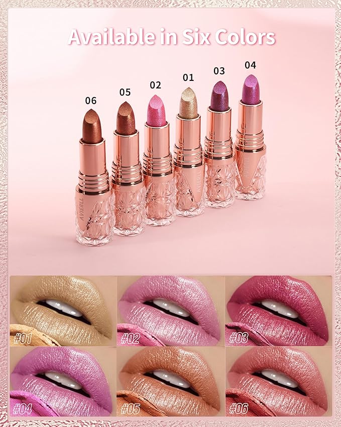 Shimmer Lipstick Long Lasting for Women with Metallic 3D Shine Hydrating Formula, Diamond Nude Glitter Lip Balm Tinted Glossy Lip Gloss High Impact Lip Color Nonstick Full-Coverage Lip Makeup-01