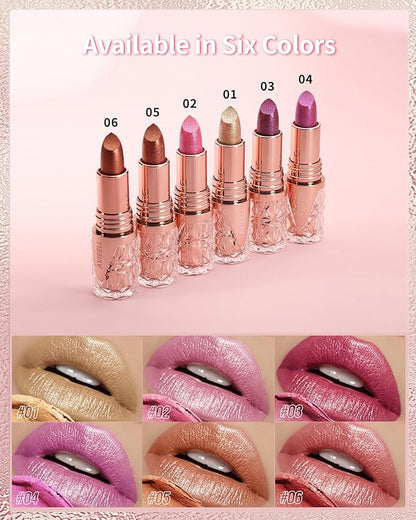 Shimmer Lipstick Long Lasting for Women with Metallic 3D Shine Hydrating Formula, Diamond Nude Glitter Lip Balm Tinted Glossy Lip Gloss High Impact Lip Color Nonstick Full-Coverage Lip Makeup-01
