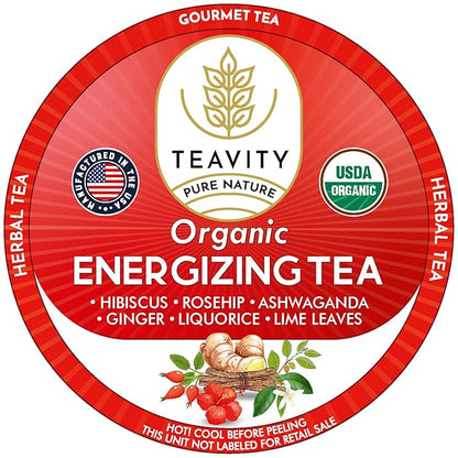 Organic Ashwagandha Tea Pods for Keurig with Ginger, Licorice, Organic Hibiscus Sabdariffa, Rosehip, & Lime - Decaf Herbal Tea - Energizing Tea by Teavity (12 Tea Pods)