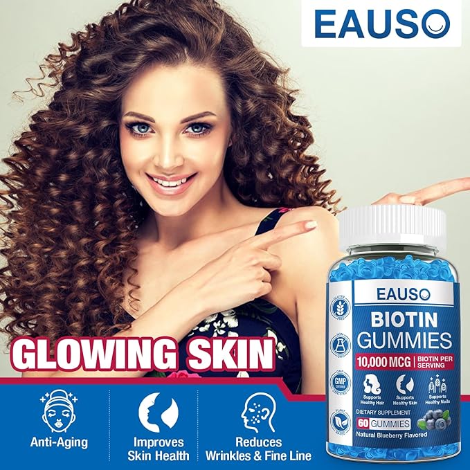 Extra Strength Biotin Gummies 10,000mcg for Stronger Hair, Skin & Nails - 60 Gummies - Vegan, Non-GMO, Health Supplement