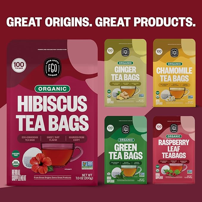 FGO Organic Hibiscus Herbal Tea, 20 Count, Eco-Conscious Tea Bags, Caffeine Free, Resealable Bag, Packaging May Vary (Pack of 1)