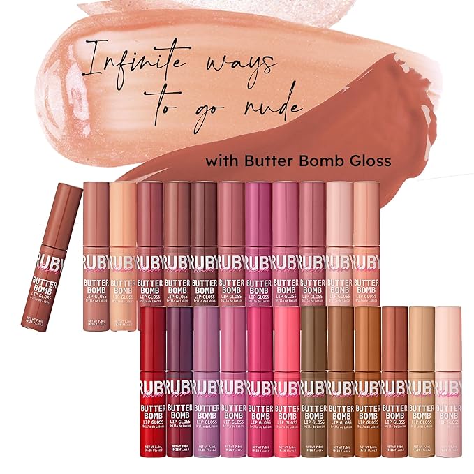 Ruby Kisses Lip Gloss Butter Bomb Gloss Non-Sticky Lip Gloss Vitamin E Natural Nude Lip Makeup - 7.8mL (0.26 US fl.oz) (Warm Hug)