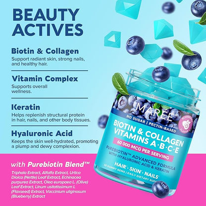 MAREE Vitamin B1 Thiamine & B7 Biotin Gummies - A E D C Vitamins Complex with Keratin, Collagen, Hyaluronic & Pantothenic Acid for Skin, Nails & Hair