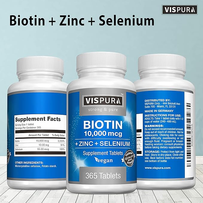 Biotin 10000 mcg + Zinc + Selenium, Pure, Vegan & Extra Strong, Best Supplement for Hair Growth, Glowing Skin, Strong Nails*, 365 Tablets for 12 Months, Natural Without Additives