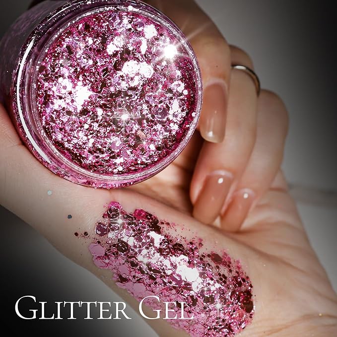 Teenitor Pink Body Glitter, Chunky Face Glitter, Pink Glitter Makeup 80g