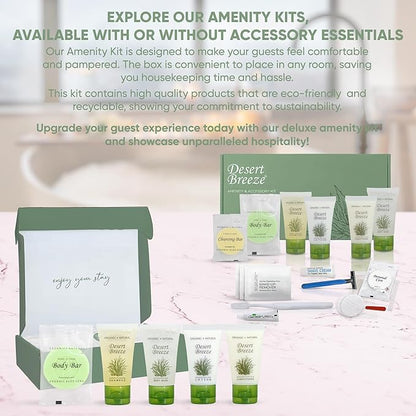 Desert Breeze Amenity & Accessory Kit | 1 oz Travel Size Shampoo, Conditioner, Lotion, Body Wash, Body Bar, Cleansing Bar, Shave & Dental Sets, Make-Up Remover Wipes, & Vanity Kit | 15 sets per case
