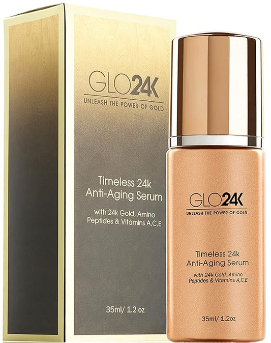 GLO24K Timeless Serum with 24k Gold, Peptides, and Vitamins A,C,E. A Powerful formula to nourish and revitalize your skin.