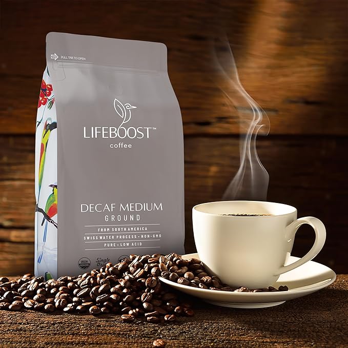 Lifeboost Medium Roast Swiss Water Decaf Coffee Ground - Non-GMO Low Acid Single Origin USDA Decaf Organic Coffee - Third Party Tested For Mycotoxins & Pesticides - 12 Ounces