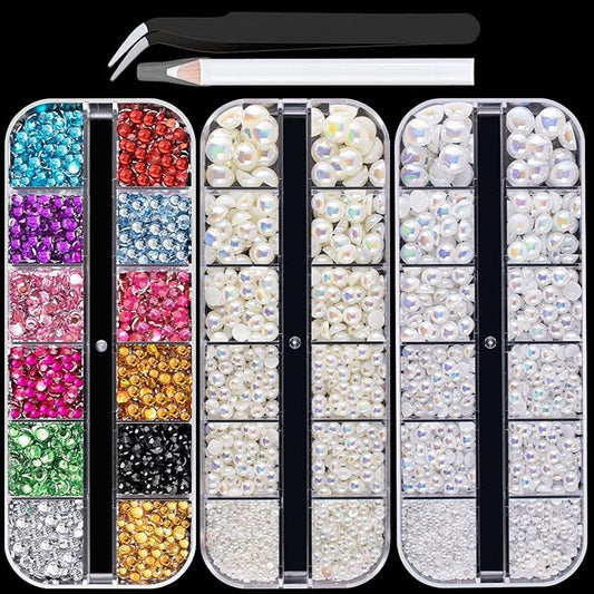 Flat Back Rhinestone+Half Round Pearl Kits Colorful Rhinestones+White