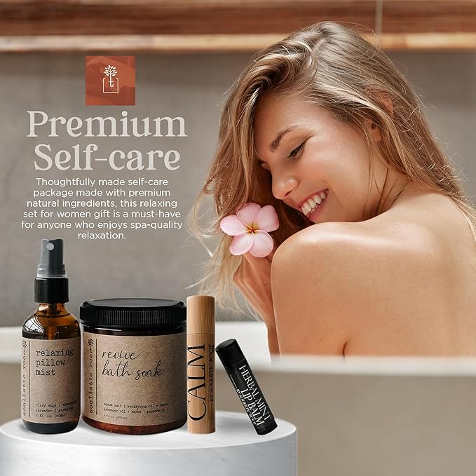 Spa Kit for Women – Relaxing Self Care Gift Set with Lavender Pillow Spray, Mint Lip Balm, Calm Essential Oil Roller & Epsom Salt Bath Soak – Luxury Pampering Package for Home & Bath