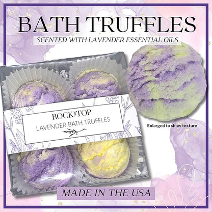 USA Made | 6 Lavender Self Care Gifts for Women, Bath Bombs (Truffles), Plant Based Dry Brush Body Brush Loofah, Epsom Salt Bath Soak, Handmade Soap, Herbal Bath Tea, Self Care Gift Box.