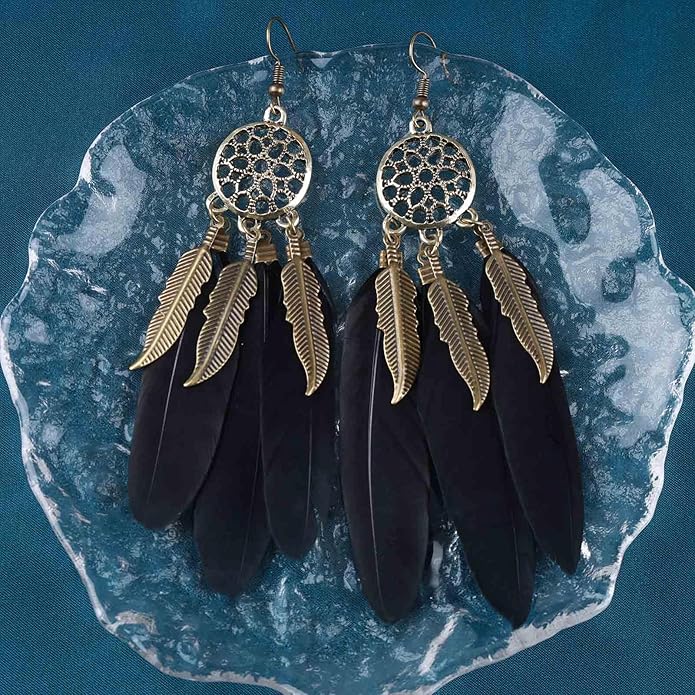 Boho Black Feather Dangle Earrings Long