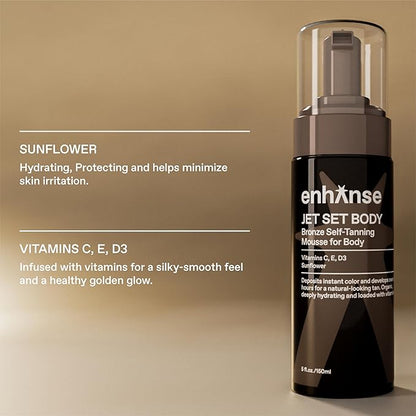 Jet Set Body Self Tanner Mousse & Tanning Mit for Men, Hydrating Self Tan, Vitamin C E D3, Instant Glow, Develops Over 6 Hours, Anti Orange Streak Free Tanning, Clean, 5 Fl Oz