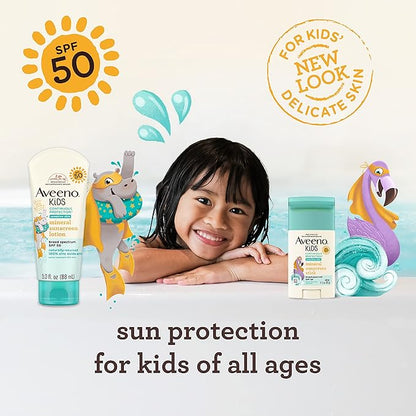Aveeno Kids Continuous Protection Zinc Oxide Mineral Sunscreen Stick for Sensitive Skin, Face & Body Sunscreen Stick for Kids with Broad Spectrum SPF 50, Sweat- & Water-Resistant, 1.5 oz