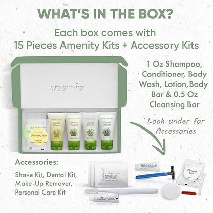 Desert Breeze Amenity & Accessory Kit | 1 oz Travel Size Shampoo, Conditioner, Lotion, Body Wash, Body Bar, Cleansing Bar, Shave & Dental Sets, Make-Up Remover Wipes, & Vanity Kit | 15 sets per case