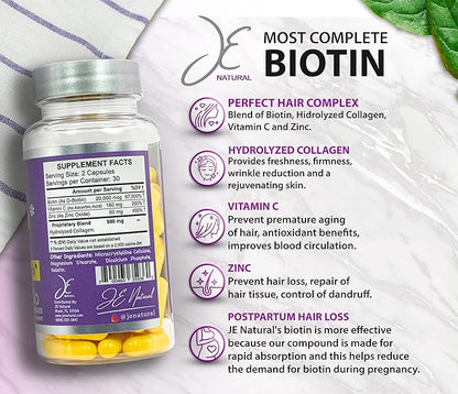 Biotin Hair Skin and Nails Vitamins, Vitamin C, Biotin and Collagen Supplements That Make Hair Grow Faster and Longer, for All Ages, 60 Capsules of Biotin 20000mcg Maximum Strength.