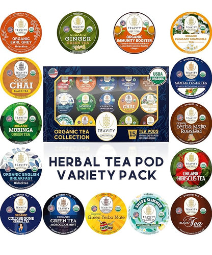 Organic Tea Pods Variety Pack - Assorted Sampler Pack Compatible for Keurig Brewer and Coffee Maker - Earl Grey, English Breakfast, Chai, Chamomile - Herbal Tea Pod for K Cup Keurig Brewing -15 count (Pack of 1) by Teavity