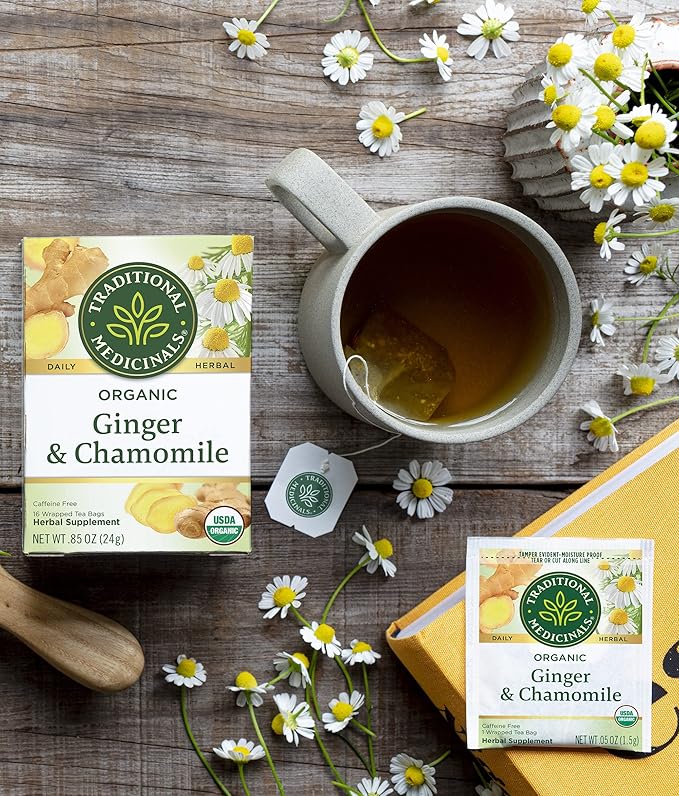 Traditional Medicinals Organic Ginger & Chamomile Herbal Tea, Relieves Occasional Indigestion or Nausea, (Pack of 1) - 16 Tea Bags