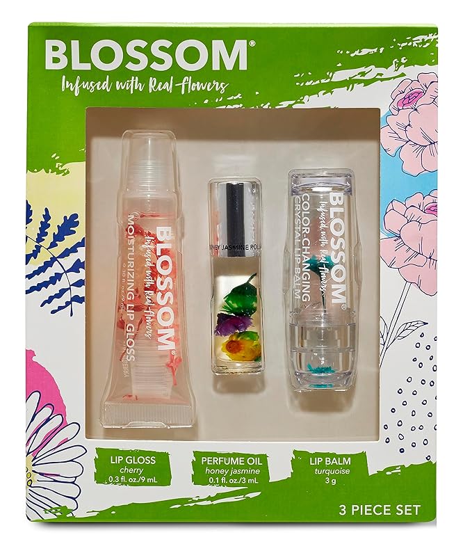 Blossom Moisturizing Lip Gloss Tubes, Roll on Perfume Oil, Natural Essential Oils, Scented Color Change Lip Balm with Real Flowers, 0.7 fl. oz/15mL, 3 Pack Gift Set, Cherry/Honey Jasmine/Turquoise