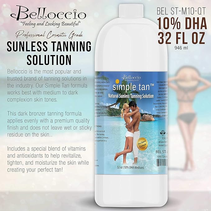 Belloccio Simple Tan Quart Bottle of Professional Salon Sunless Tanning Solution with 10% DHA and Dark Bronzer Color Guide