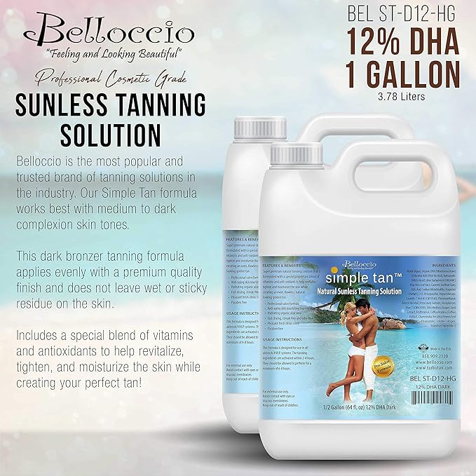 Belloccio Simple Tan Gallon Bottle of Professional Salon Sunless Tanning Solution with 12% DHA and Dark Bronzer Color Guide